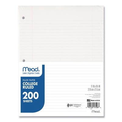 ورق حشو من Mead، 3 ثقوب، 8.5 × 11، تسطير جامعي، 200/حزمة