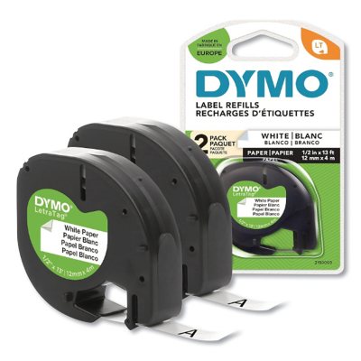 DYMO LetraTag Paper Label Tape Cassettes, 0.5" x 13 ft, White, 2/Pack