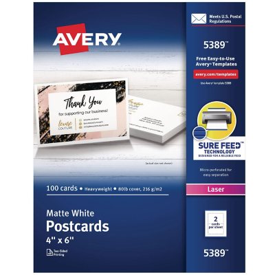 بطاقات بريدية من Avery للطابعات الليزر، 4 × 6، أبيض غير مطلي، 2/ورقة، 100/علبة