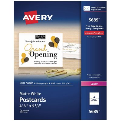 بطاقات بريدية من Avery للطابعات الليزرية، 4 1/4 × 5 1/2، أبيض غير مطلي، 4 بطاقات/ورقة، 200 بطاقة/علبة