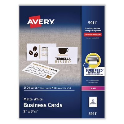 بطاقات الأعمال Avery القابلة للطباعة مثقوبة بدقة، ليزر، 2 × 3.5، أبيض، غير مطلي، 2500/صندوق