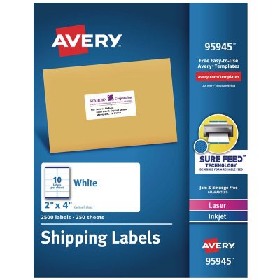 Avery(R) White Shipping Labels-Bulk Packs, Inkjet/Laser Printers, 250 Sheets/Box