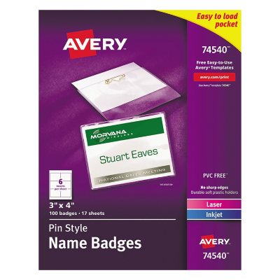 حامل شارة من Avery بنمط دبوس مع إدخال ليزر/نافث للحبر، تحميل علوي، 4 × 3، أبيض، 100/علبة