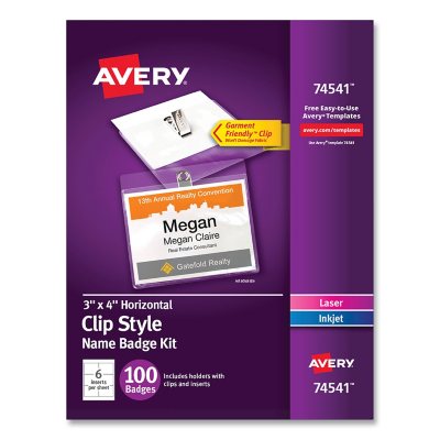 حامل بطاقة الاسم بمشبك من Avery مع إدراج ليزر/نافث للحبر، تحميل علوي، 4 × 3 بوصة، أبيض، 100/علبة