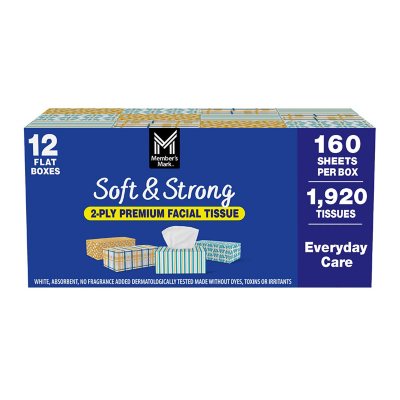 Member's Mark Soft & Strong 2-Ply Premium Facial Tissues 12 Flat Boxes, 160 tissues/box