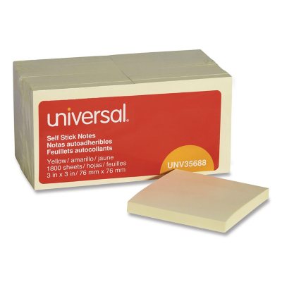 Universal Self-Stick Note Pads, 3 x 3, Yellow, 100-Sheet, 18/Pack