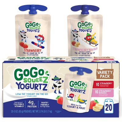 GoGo Squeez Yogurtz فراولة وفراولة بالموز، 3 أونصة، 20 قطعة.