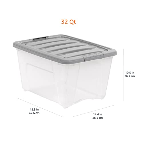 Amazon Basics Plastic Storage Containers with Secure Latching Lids, Stackable Organization Bins, 32 Quart, Set of 6, Clear/Grey