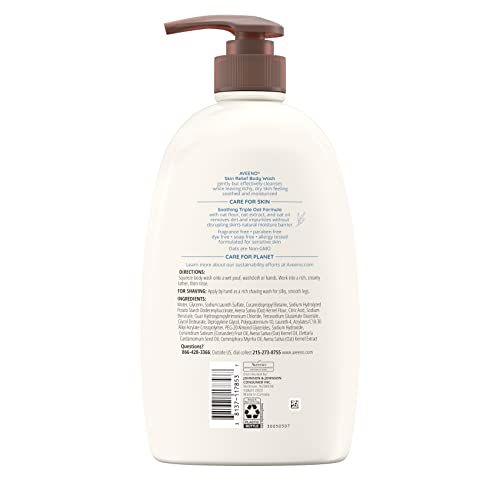Aveeno Skin Relief Fragrance Free Body Wash, Triple Oat Formula, Gentle Daily Cleanser for Itchy Dry Sensitive Skin, Soap & Paraben Free, Soothes & Moisturizes, 33 fl oz