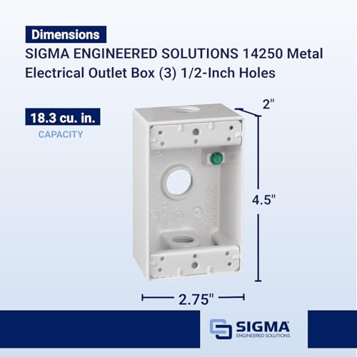 SIGMA ENGINEERED SOLUTIONS 14250 Metal Electrical Outlet Box, Weatherproof, Easy Mount Plug and Receptacle Protector, Gray, (3) 1/2-Inch Holes, 1 Gang Box