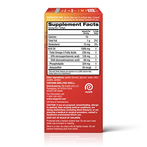 MegaRed Ultra Strength 1000mg Omega-3 Krill Oil Supplement with EPA/DHA, Astaxanthin & Phospholipids, No Fish Oil Aftertaste Supports Heart, Brain, Joint and Eye Health, 60 Count Softgels.