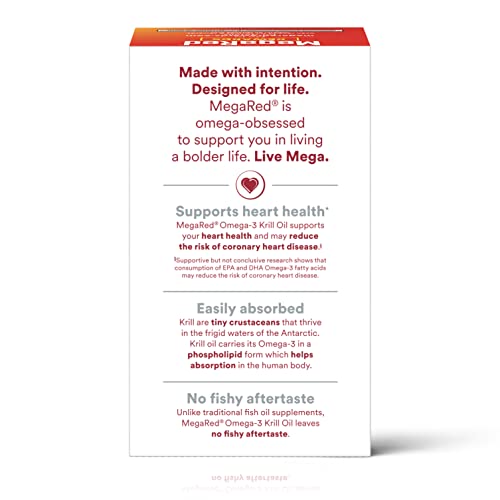 MegaRed Ultra Strength 1000mg Omega-3 Krill Oil Supplement with EPA/DHA, Astaxanthin & Phospholipids, No Fish Oil Aftertaste Supports Heart, Brain, Joint and Eye Health, 60 Count Softgels.