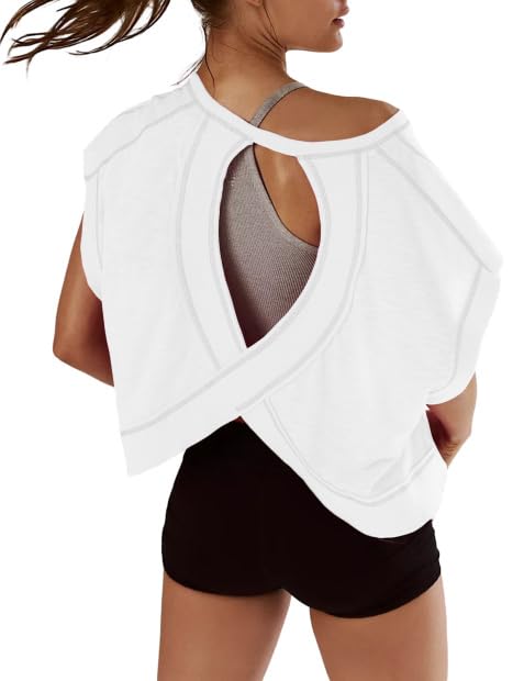 Kumufenc Women Short Sleeve Workout Shirts Open Back Tops Casual Yoga Y2k Athletic Gym Slouchy Crop Running Tees(White,S), Small