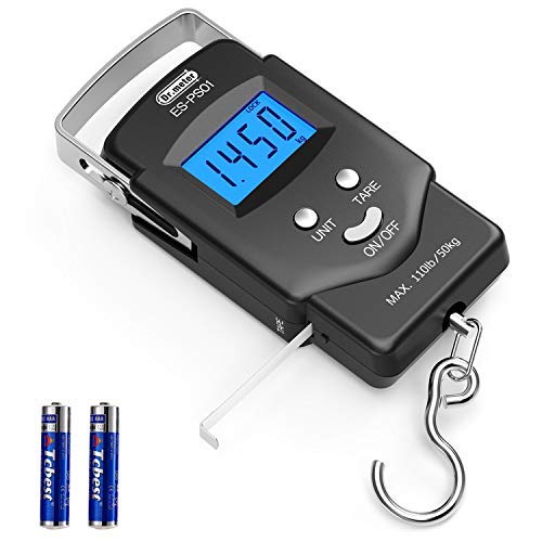 Dr.meter Fish Scale Luggage Scale Fishing Gear - 110lb/50kg Backlit LCD Display Digital Scale with Built-in Measuring Tape - Fishing Scale with 2 AAA Batteries, Pocket Size - Fishing Gifts for Men
