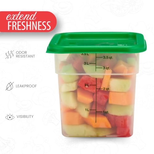 Cambro Food Storage Container with Lid (Microwave Safe and BPA-Free) - 2 Pack - Classic Series Square with Green Lid - 4 QT (Quart) - Commercial Grade for Food Prep (Translucent)