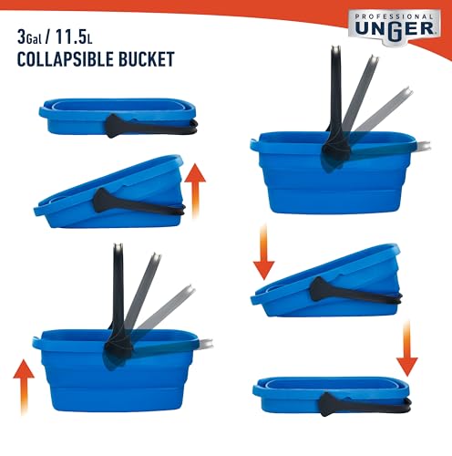 Unger Professional 3-Gallon Collapsible Bucket, Portable Household Cleaning Supplies, Small Washing Buckets with Handles, Essential Water Container and Storage Organizer Tool