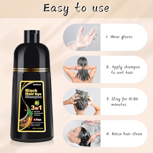 Bablabear Black Hair Dye Shampoo for Gray Hair, Semi-Permanent Hair Color Shampoo for Women and Men, Herbal Ingredients, 3 in 1 100% Grey Coverage.Lasts 30 Days/500ml/Natural herbal Ingredients