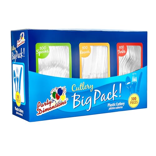 Party Dimensions 300 Count Plastic Cutlery Combo Box, Disposable Clear Plastic Silverware Utensils Set, 100 Forks, 100 spoons, 100 knives