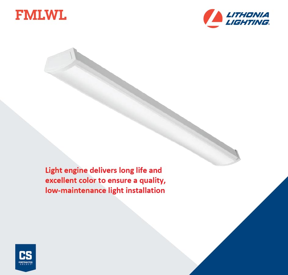 Lithonia Lighting 4 Foot LED Light Fixture, Low-Profile LED Wraparound Flush Mount Ceiling Light, 4000K Cool White, 120V, 48-Inch (FMLWL 48 840)
