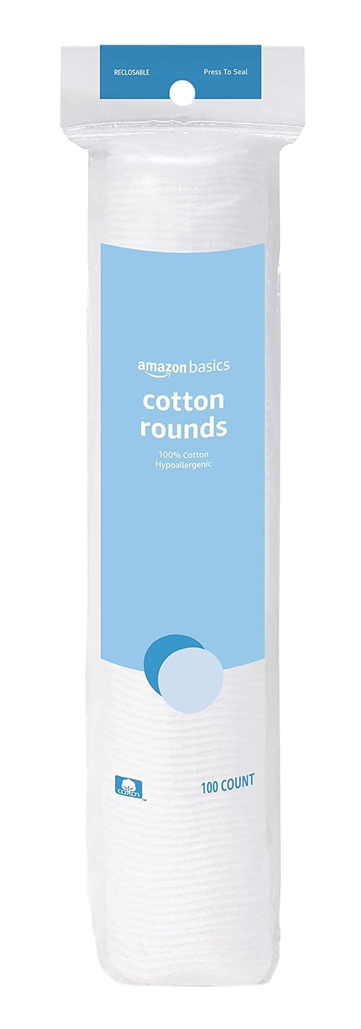 Basics Hypoallergenic 100% Cotton Rounds for Makeup Removal and Skincare, 100 Count, 1 Pack