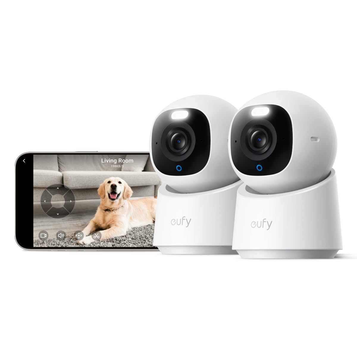 eufy Indoor Cam E30 2-Cam Kit، أحدث جيل، كاميرا أمان بدقة 4K UHD، كاميرا للحيوانات الأليفة/الكلاب/الأطفال مع تطبيق الهاتف، رؤية ليلية ملونة، تتبع تلقائي للإنسان/الحيوانات الأليفة، دوران وإمالة 360 درجة، تعمل مع Homekit