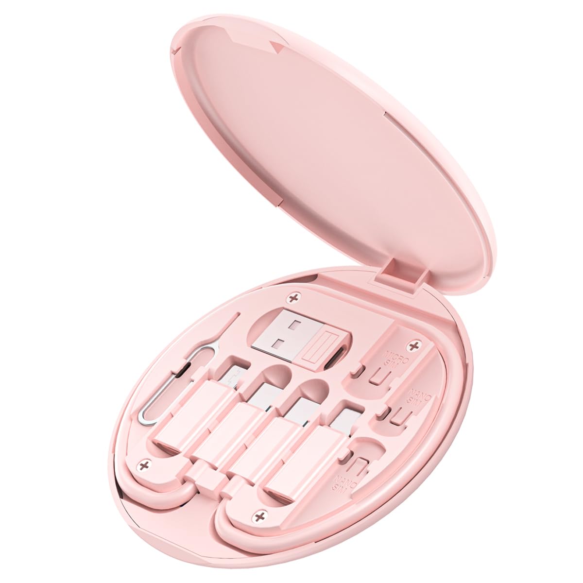 Multi USB Charging Adapter Cable Kit, USB C to iOS Device Adapter Box, Conversion Set A & Type C to Male Micro/Type C/iOS Device, Data Transfer, Card Storage, Tray Eject Pin, Phone Holder (Pink)