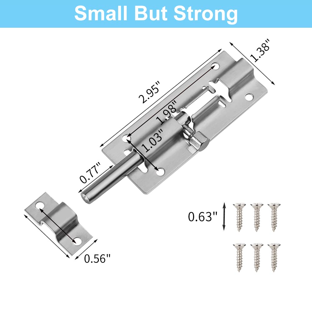 FATLODA 2 Pack Barrel Bolt Latch, 3 Inches Slide Latch Lock, Thickened Stainless Steel Sliding Locks for Door, Brushed Finish Sliding Bolt Lock Latches with 12PCS Screws