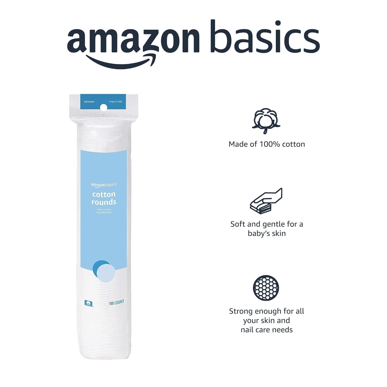 Amazon Basics Hypoallergenic 100% Cotton Rounds for Makeup Removal and Skincare, 100 Count, 1 Pack