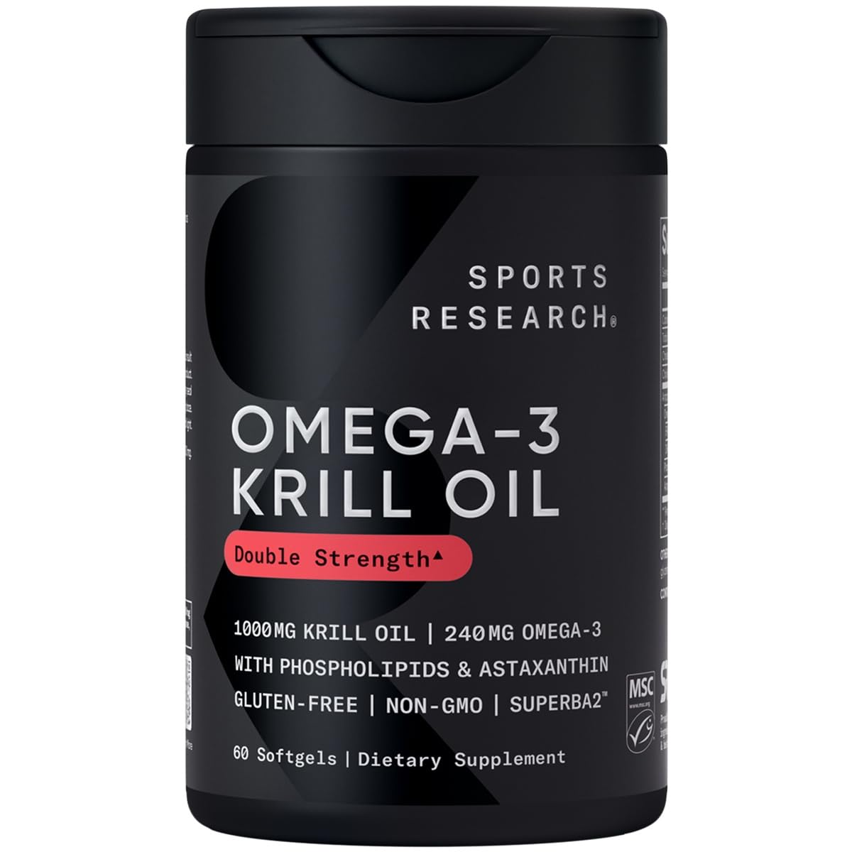 Sports Research Omega-3 Krill Oil 1000mg - Double Strength Antarctic Fish Oil Supplement w/Astaxanthin, Phospholipids & Choline - MSC Certified Sustainable . Non-GMO . Gluten Free - 60 Softgels