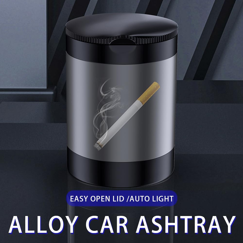 Tmengdao Ashtray with Lid,Smokeless Ashtray for Cup Holder Smell Proof,Detachable Stainless Steel Car Ash Tray with LED Auto Light, for Most Car, Office, Home (Grey)