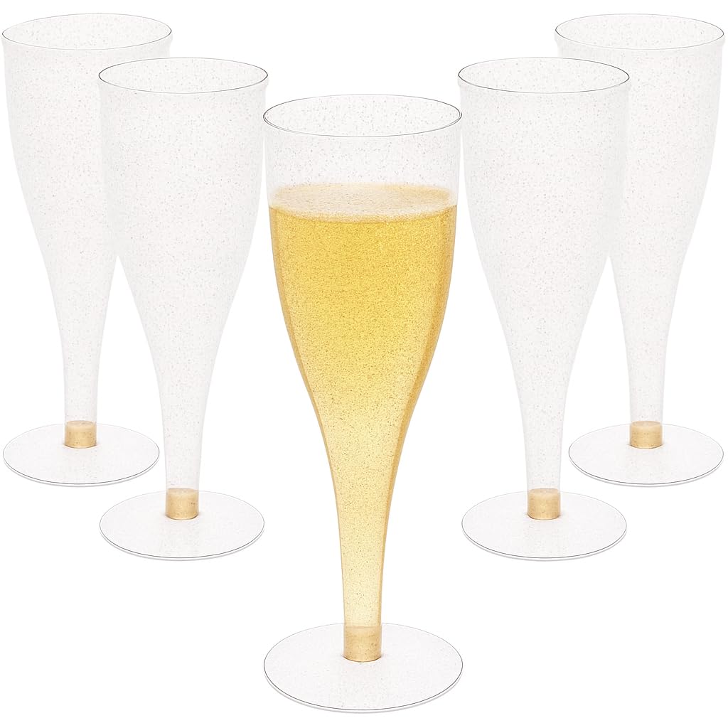 30 Disposable Champagne Flutes - 4.5 oz Gold Glitter Plastic Cups for Parties - Elegant Toasting Glasses - Perfect for Weddings, Engagements, Mimosa Bars, Thanksgiving, Christmas, New Year's Eve