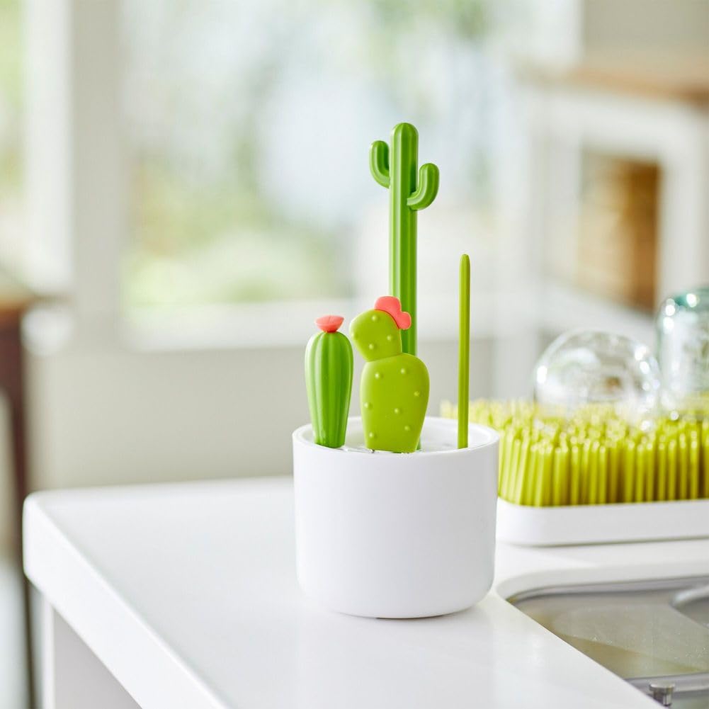 Boon Cacti Bottle Cleaning Brush Set - Includes Bottle Brush, Nipple Brush, Detail Brush, and Straw Brush - Baby Bottle Brush Set for Bottle Drying Rack - Baby Essentials - 4 Count