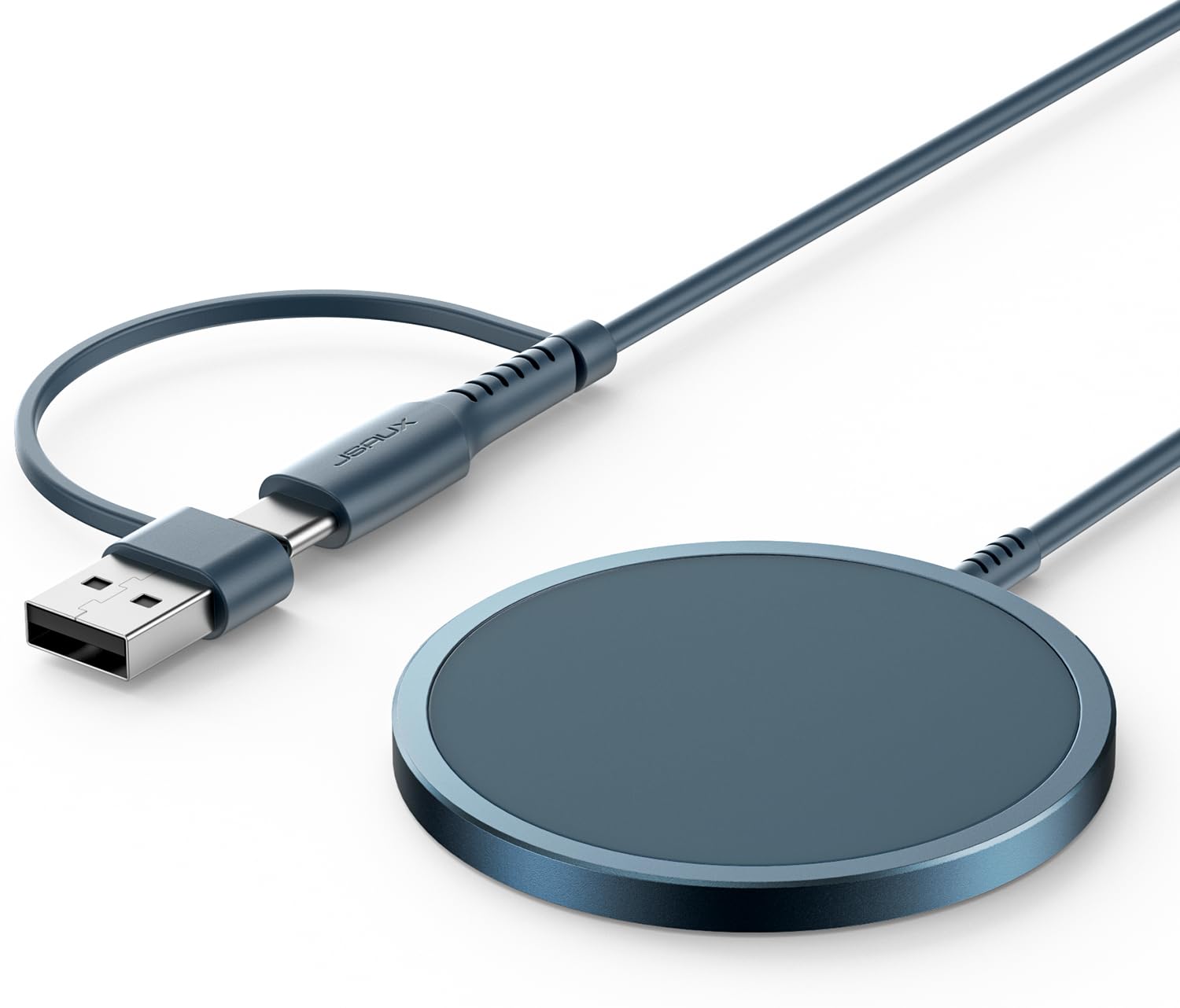 شاحن JSAUX لهاتف آيفون 17 Magsafe للشحن اللاسلكي، متوافق مع سلسلة iPhone 17 Air Pro Max/16/15/14/13/12، لوحة شحن مغناطيسية آمنة، سبيكة ألومنيوم، منافذ USB وUSB C مزدوجة - أزرق