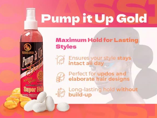 Bronner Bros Pump It Up Styling Spritz Gold 80% – Fast-Dry Hair Spray Extra Hold with Vitamin B5 & Silk Protein - Maximum Hold Finishing Spritz Hairspray, Adds Shine, Nourishes, No Build-up - 8oz