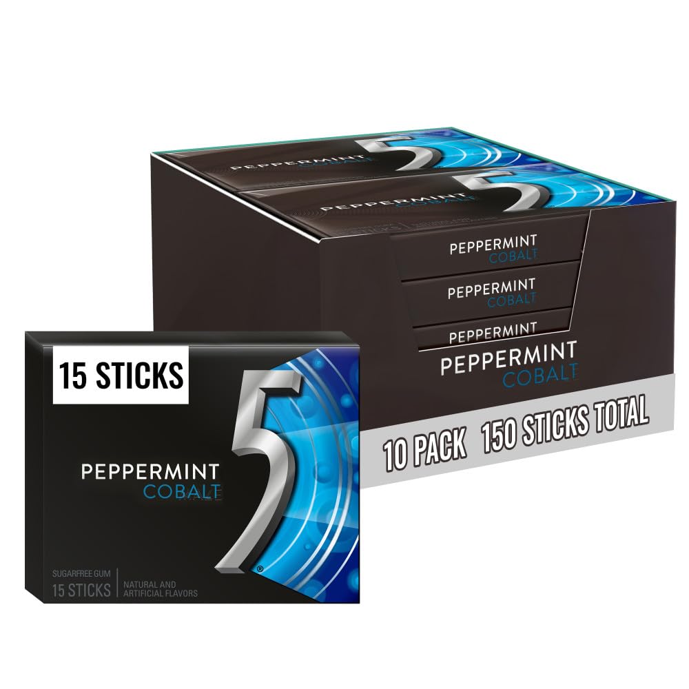 5 GUM علكة بالنعناع الأزرق الخالية من السكر، عبوة كبيرة، حفز حواسك أثناء الاستماع إلى موسيقاك المفضلة، أساسيات حقيبة اليد الصغيرة، 15 قطعة (عبوة من 10)