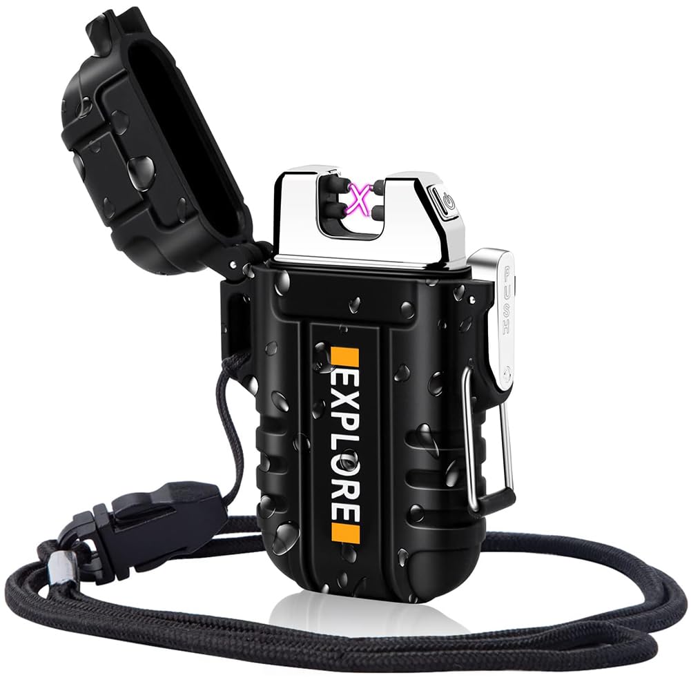 LcFun Waterproof Electric Lighter Windproof Dual Arc USB Rechargeable Flameless Plasma Lighters for Camping Hiking Survival Tactical Gear Stocking Stuffers Gifts for Men Fathers Husband