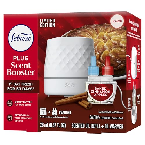 Febreze Plug Scent Booster Starter Kit, Oil Diffuser, Air Freshener Plug in, Continuous Scent, 2 Devices + 2 Baked Cinnamon Apple Refill