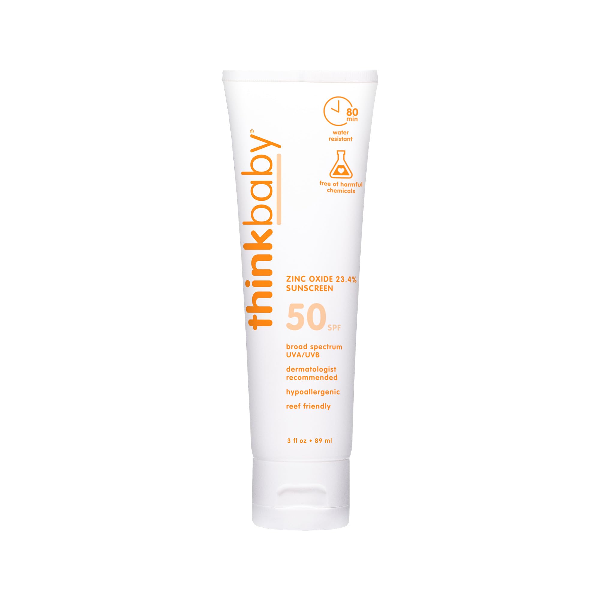 Thinkbaby SPF 50+ Baby Mineral Sunscreen - Safe, Natural Sunblock for Babies - Water Resistant Sun Cream - Broad Spectrum UVA/UVB Sun Protection - Vegan Baby Sunscreen Lotion, 3 Oz.