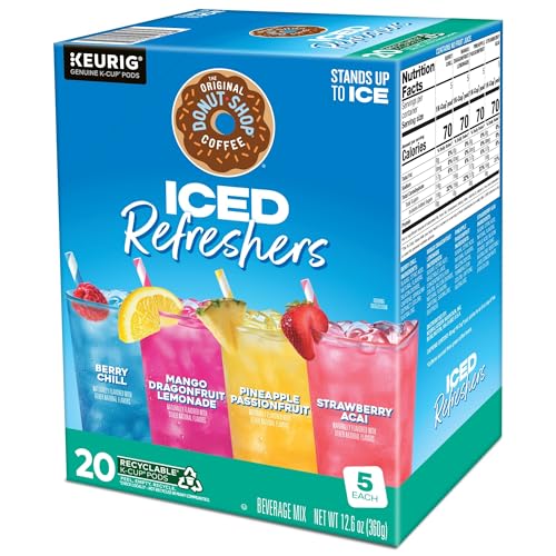 The Original Donut Shop, Iced Refreshers, Keurig Single Serve K-Cup Pod Variety Pack, Strawberry Acai, Pineapple Passionfruit, Mango Dragonfruit Lemonade, Berry Chill, 20-Count