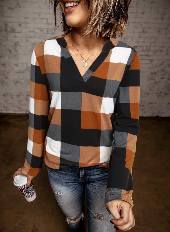 Dokotoo Womens Spring Summer Fall Fashion Casual Ladies Basic Cotton Cuffed 3/4 Long Sleeve Plaid Print V Neck Work Tunic Tops and Blouses Shirts for Women 2024 Orange