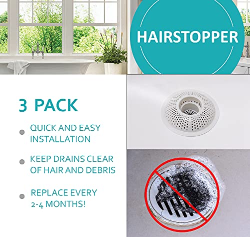 Hairstopper Drain Cover Hair Catcher for Shower and Bathtub, Protects Against Clogs Without Blocking Water Flow, White, 3 Pack