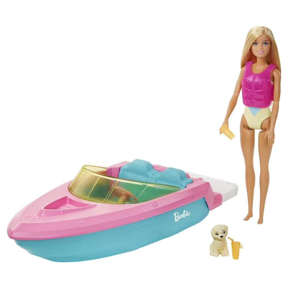 Barbie Doll & Toy Boat Playset with Pet Puppy, Life Vest & Beverage Accessories, Fits 3 Dolls & Floats in Water