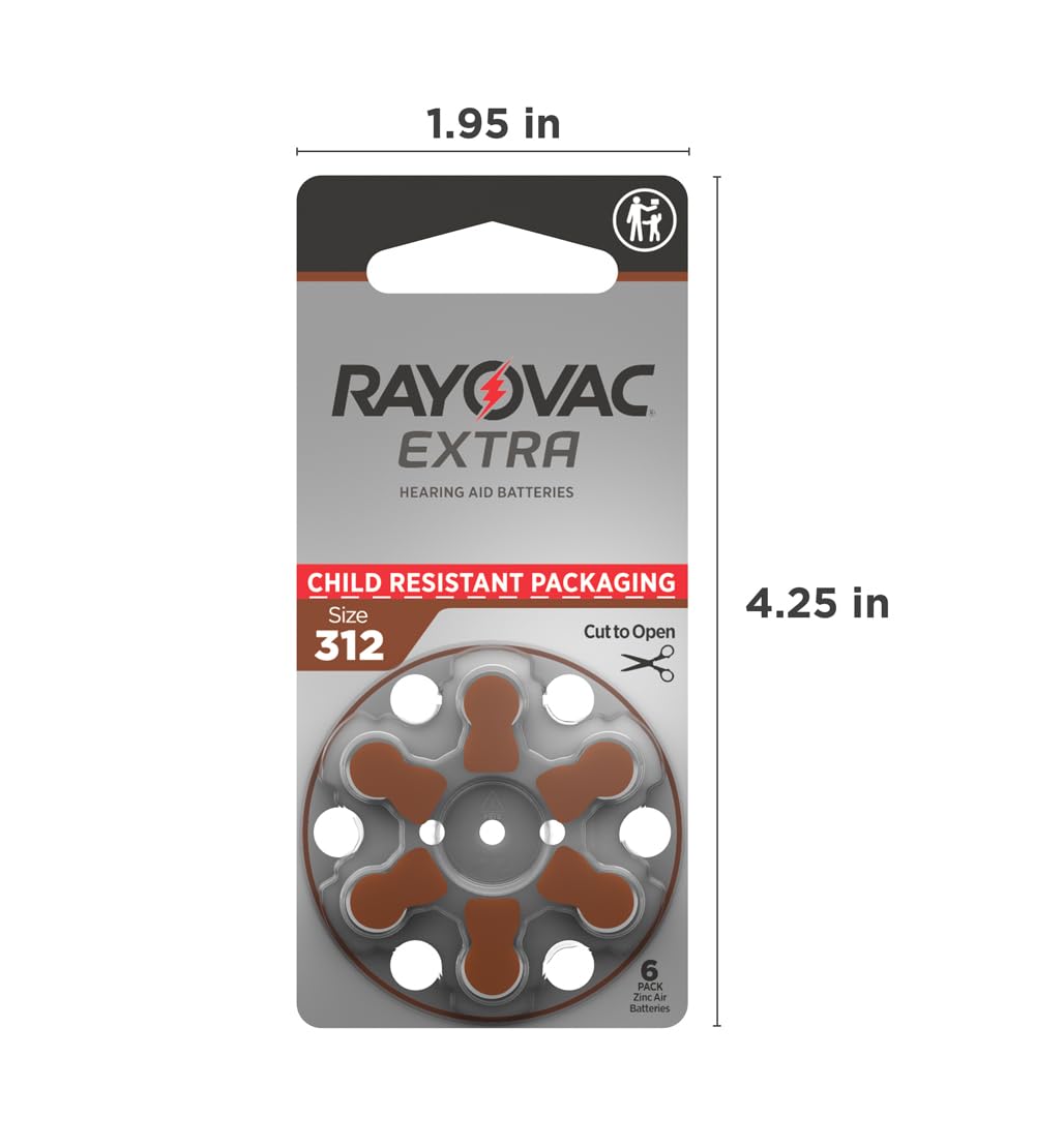 Rayovac Extra hearing aid batteries size 312. Long-lasting mercury-free zinc-air hearing aid batteries - 1.45v. (60 batteries)