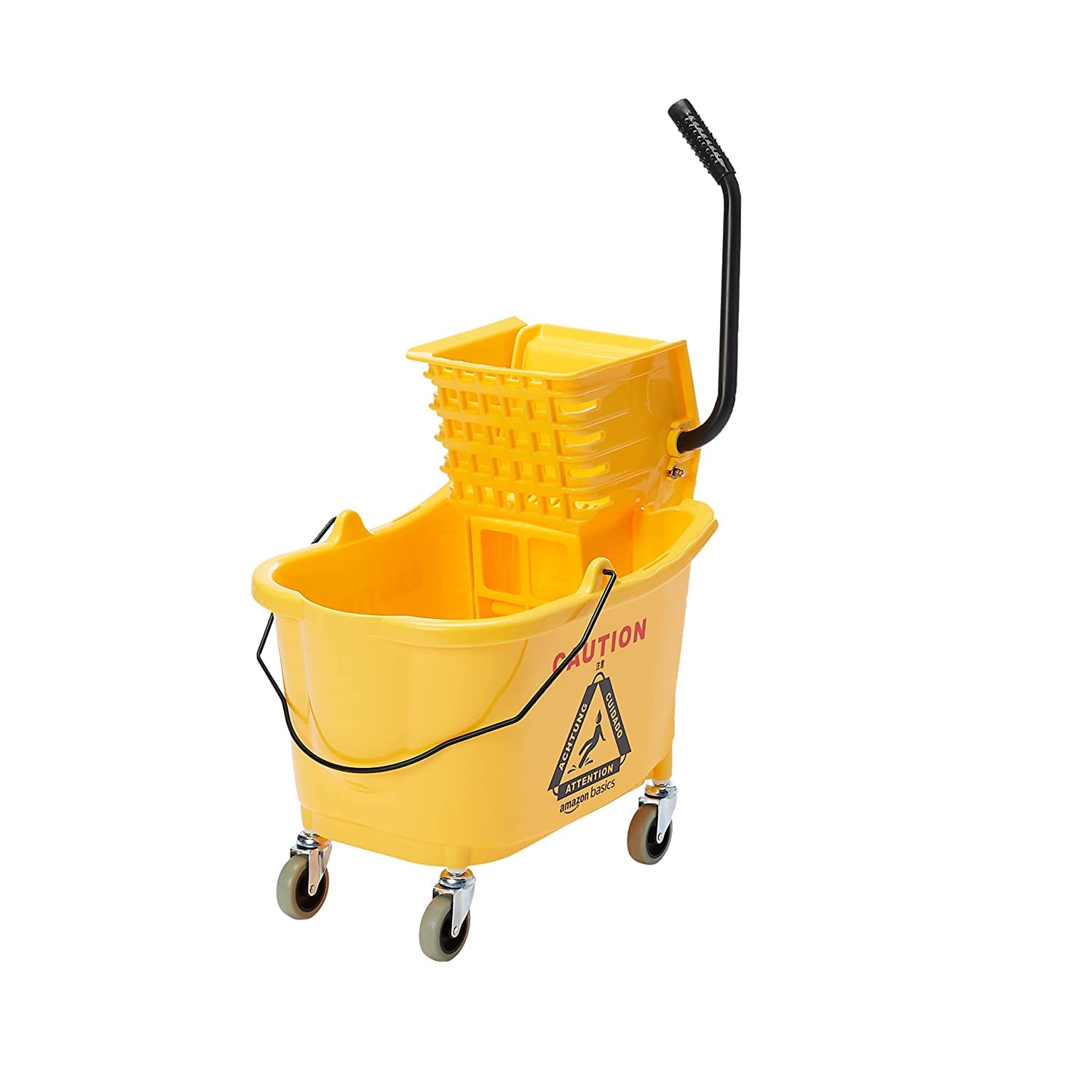 Basics Side Press Wringer Combo Commercial Floor Cleaning Rectangular Mop Bucket on Wheels, 35-Quart, Yellow