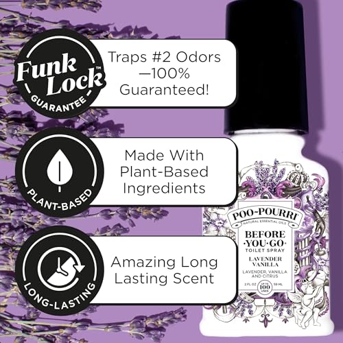 Poo-Pourri Before-You-Go Toilet Spray, Lavender Vanilla, 2 Fl Oz, Up to 100 Uses, Bathroom Odor Deodorizer with Essential Oils for Home or Work, Travel Essentials, TSA Approved Size