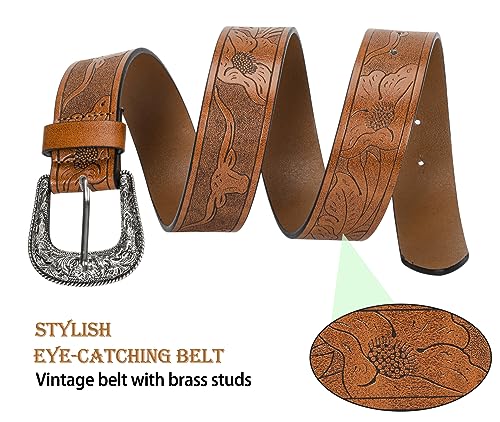 Western-Leather-Belts-Women Vintage Waist-Belts with Hollow Out Flower Buckle