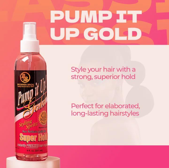 Bronner Bros Pump It Up Styling Spritz Gold 80% – Fast-Dry Hair Spray Extra Hold with Vitamin B5 & Silk Protein - Maximum Hold Finishing Spritz Hairspray, Adds Shine, Nourishes, No Build-up - 8oz