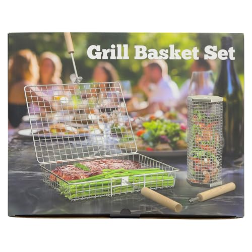 ivtivfu Grill Basket Set, Removable Wooden Handle, 304 Stainless Steel, Rolling BBQ Tools, Smoker Grilling Accessories for Vegetable Fish, Outdoor Cooking Camping, Birthday Gifts for Men Dad Husband