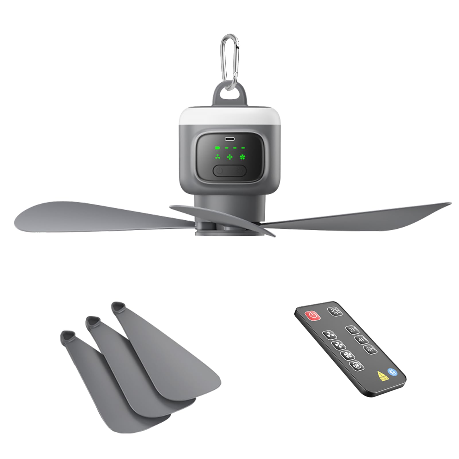 VVU&CCO 18' Portable Ceiling Fan with Light for Patio Canopy Tent Porch RV, 4 Speed Adjustment with Lighting, 8 Hours Timer & Use Time Up to 30H, 12000mAh Battery -operated Ceiling Fan with Remote