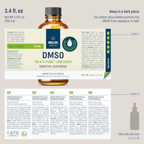 DMSO Pharmaceutical Grade with 99.9% Purity & Low Odor - 3.38oz (Dimethyl Sulfoxide) Glass Bottle with Dropper